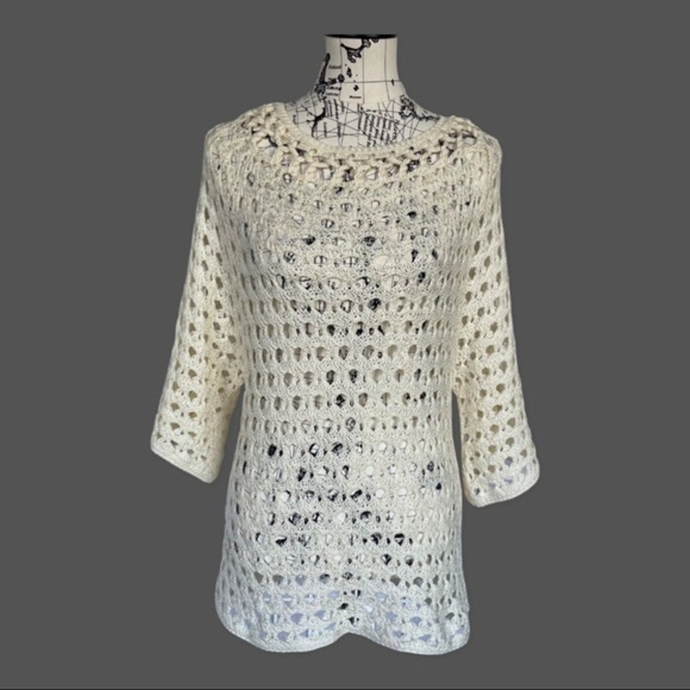 Chico’s Cream Open Knit Three-Quarter Sleeve Linen Blend Crochet Sweater